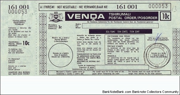 Venda 1979 10 Cents postal order.

Issued at Sibasa. Banknote