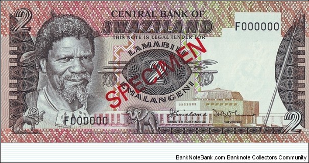 Swaziland N.D. 2 Emalangeni.

Specimen note. Banknote