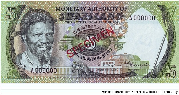 Swaziland N.D. 5 Emalangeni.

Specimen note. Banknote