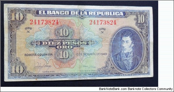 BANKNOTE COLOMBIA 10 PESOS 1949 8 DIGITS P389 REF CO-524 SOLD  Banknote