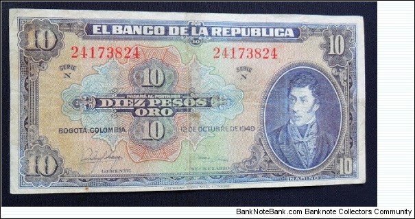 BANKNOTE COLOMBIA 10 PESOS 1949 8 DIGITS P389 REF CO-524 FOR SALE  Banknote