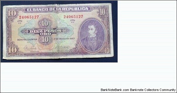 BANKNOTE COLOMBIA 10 PESOS ORO 1963 SERIE EE P389-CO 519 SOLD Banknote