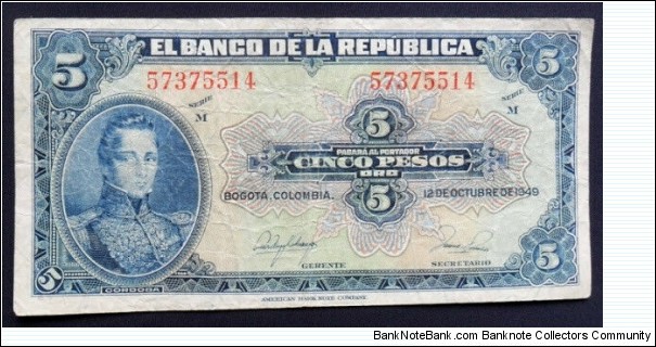 COLOMBIA BANKNOTE 5 PESOS 1949 SANTANDER SERIE M 8 DIGITOS FOR SALE  Banknote