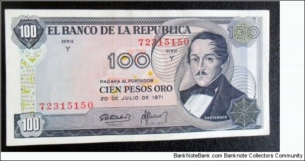 BANKNOTE COLOMBIA 100 PESOS 20 Jul 1971 8 Digitos REF CO-516 SOLD Banknote