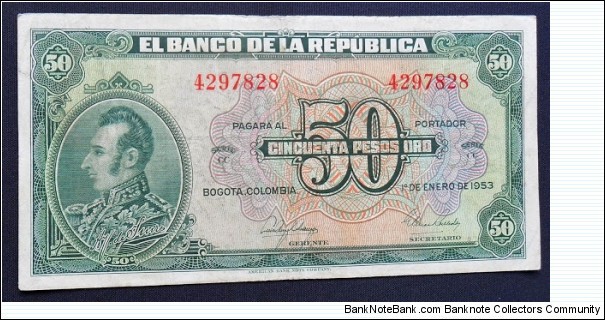 Banknote from Colombia year 1953