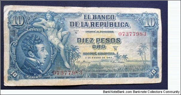 1953 Colombia 10 Pesos Oro P-400a -CO 537-2 SOLD Banknote