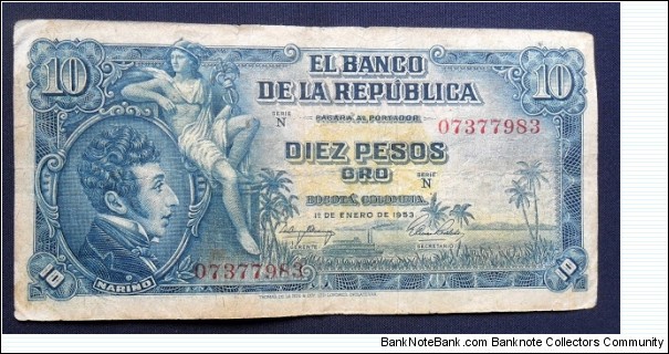 1953 Colombia 10 Pesos Oro P-400a -CO 537-2 FOR SALÑE Banknote