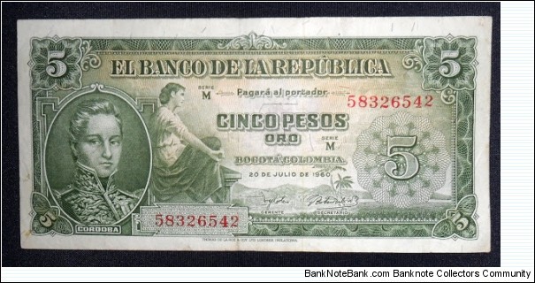 COLOMBIA 5 PESOS ORO 1960 CORDOBA P 405 SERIE MM COD# 534 sold Banknote