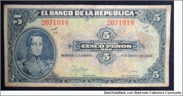 COLOMBIA 5 PESOS ORO 1950 7 DIGITS P 386e FOR Sold Banknote
