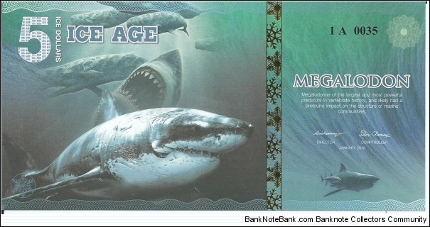 ICE AGE - 5 Dollars Megalodon - pk NL - Private Issue - Polymer - Not Legal Tender  Banknote