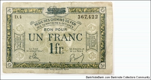 1 Franc(Franco-Belgian Railways Administration in Occupied German Territory 1923) Banknote