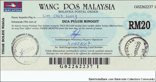 Johore 2000 20 Ringgit postal order. Banknote