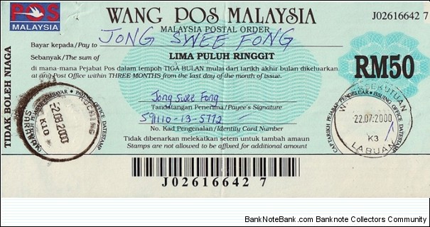 Labuan 2000 50 Ringgit postal order. Banknote