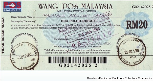 Negri Sembilan 1999 20 Ringgit postal order. Banknote