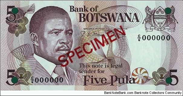 Botswana N.D. 5 Pula.

Specimen. Banknote