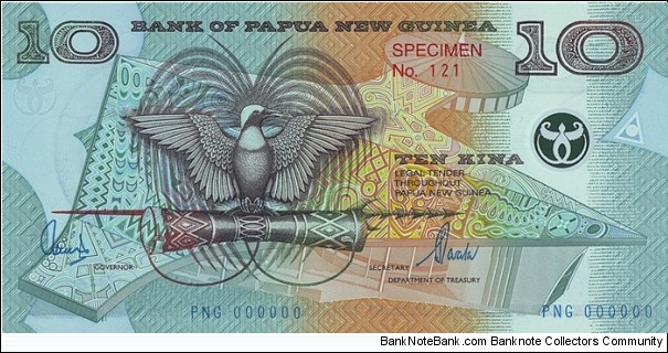 Papua New Guinea N.D. (2000) 10 Kina.

Specimen. Banknote