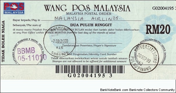 Penang 1999 20 Ringgit postal order. Banknote