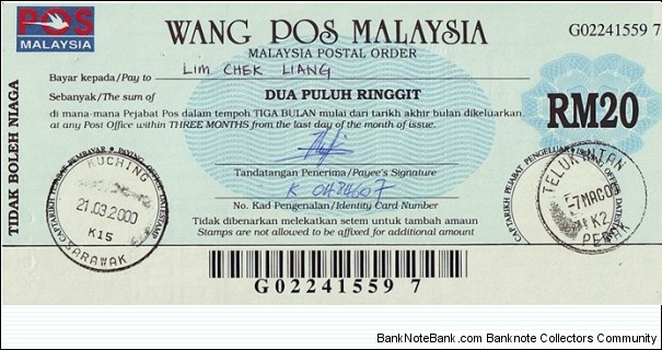 Perak 2000 20 Ringgit postal order. Banknote