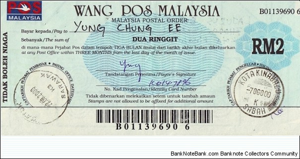 Sabah 2000 2 Ringgit postal order. Banknote