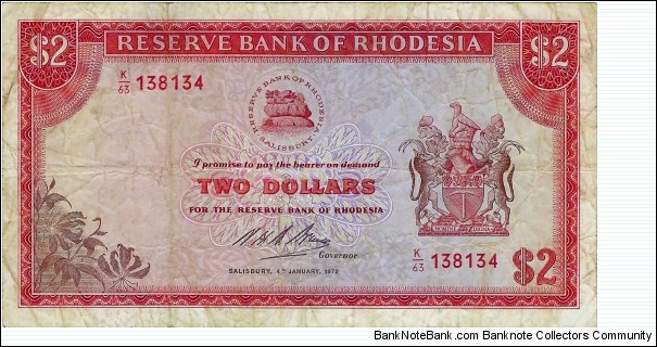 RHODESIA 2 Dollars 1972 Banknote