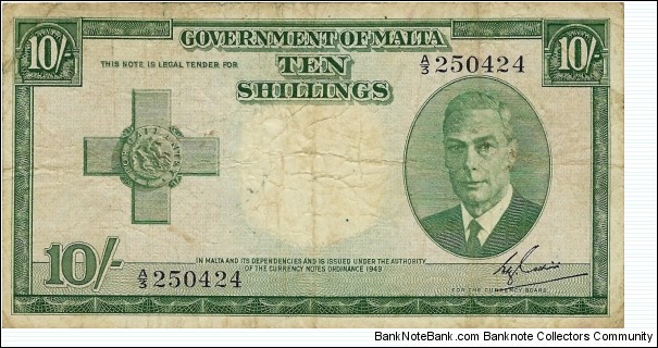 MALTA 10 Shillings 1951 Banknote