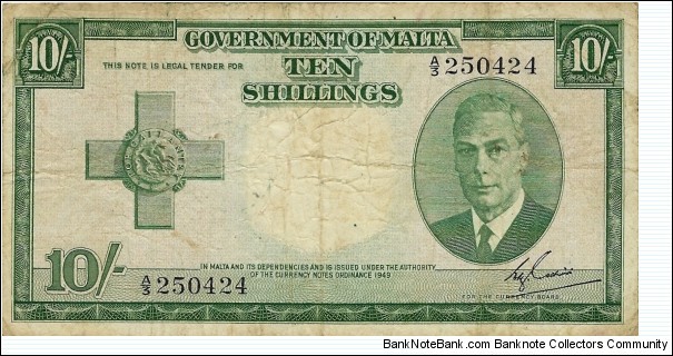 MALTA 10 Shillings  Banknote