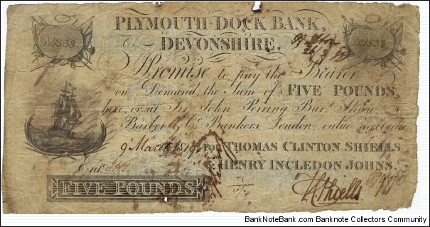 ENGLAND 5 Pounds 1819 (Plymouth Dock Bank) Banknote