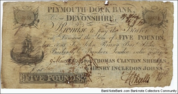 ENGLAND 5 Pounds (Plymouth Dock Bank) Banknote