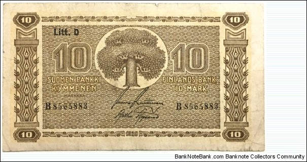 10 Markkaa (Litt.D / Raittinen & Aspelund) Banknote