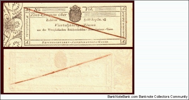 GERMANY 1808 Westphalia, Zins-Coupon without face value, Amortisations Casse UNC Banknote