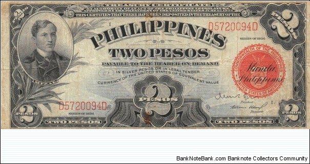 Philippines 2 Pesos Series of 1936 Circulated Banknote MAS Banknote