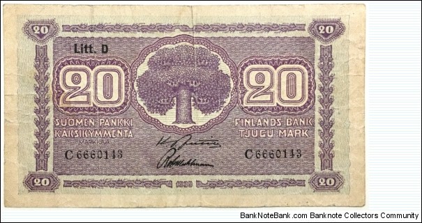 20 Markkaa (Litt.D / Jutila & Wahlman) Banknote