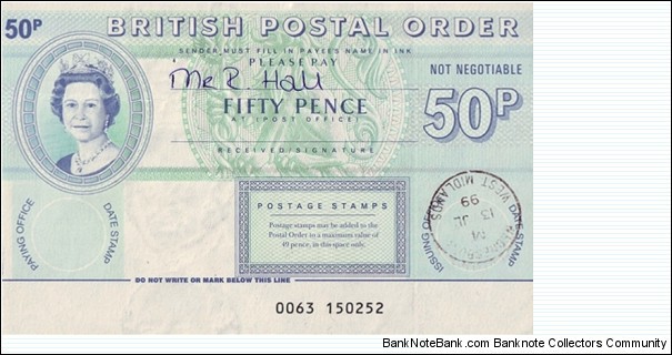 England 1999 50 Pence postal order.

Issued at Wednesbury. Banknote