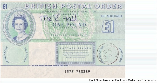 England 1999 1 Pound postal order.

Issued at Wednesbury. Banknote