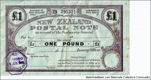New Zealand 1944 1 Pound postal note.

Issued at Te Horo. Banknote