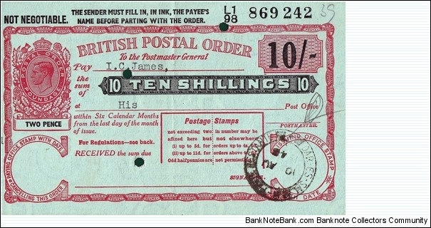 Tanganyika 1948 10 Shillings postal order.

Issued at Poste Restante Dar-Es-Salaam. Banknote