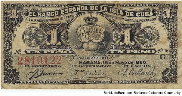 CUBA 1 Peso 1896 Banknote