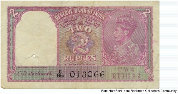 INDIA 2 Rupees 1944 Banknote