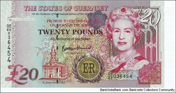 Guernsey 2012 20 Pounds.

Queen Elizabeth II's Diamond Jubilee. Banknote
