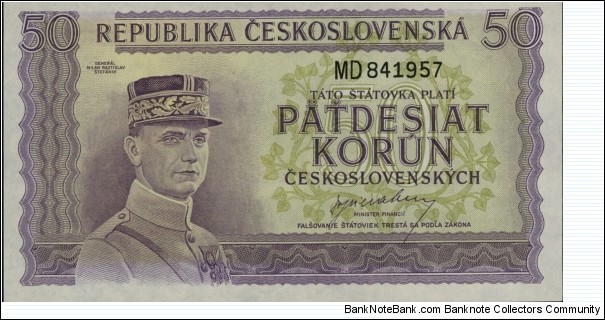 Czechoslovakia 50 Korun - Milan Rastislav Štefánik Banknote