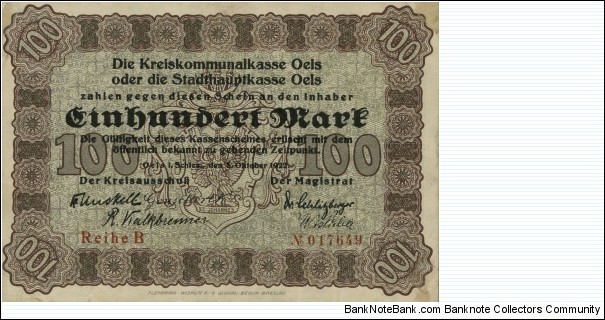 100 Mark Notgeld City of Oels (Oleśnica) Banknote