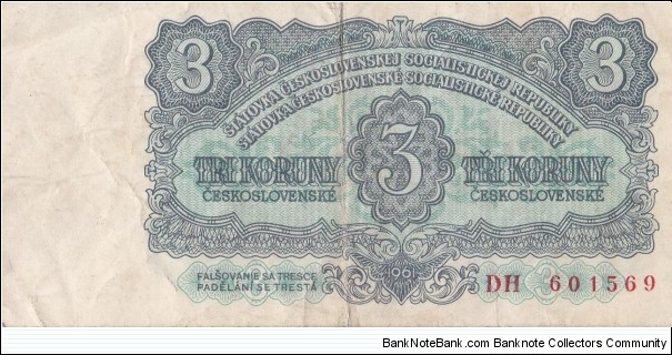 Czechoslovakia 3 koruny Československé 1961 Banknote