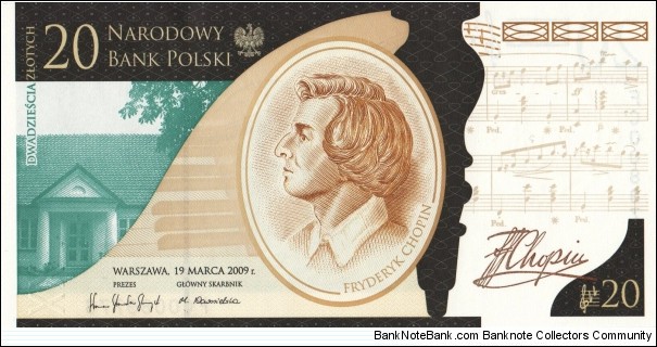 Poland 20 zloty 200th Anniversary: Birth of Frédéric Chopin commemorative issue 2009 Banknote