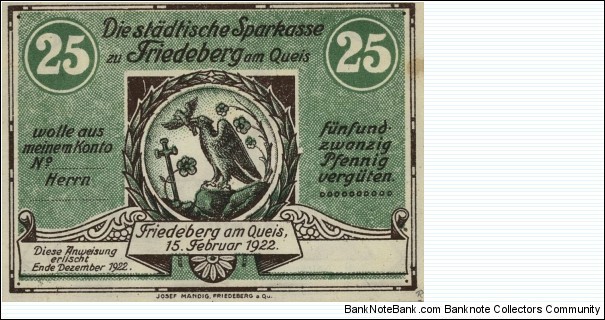 25 Pfennig Notgeld City of Friedeberg am Queis. Now city in Poland. Mirsk. Banknote