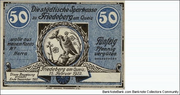50 Pfennig Notgeld City of Friedeberg am Queis. Now City in Poland. Mirsk. Banknote