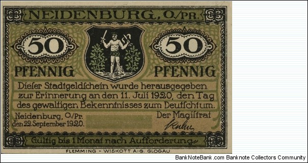 50 Pfennig Notgeld City of Neidenburg. Now city in Poland. Nidzica. Banknote