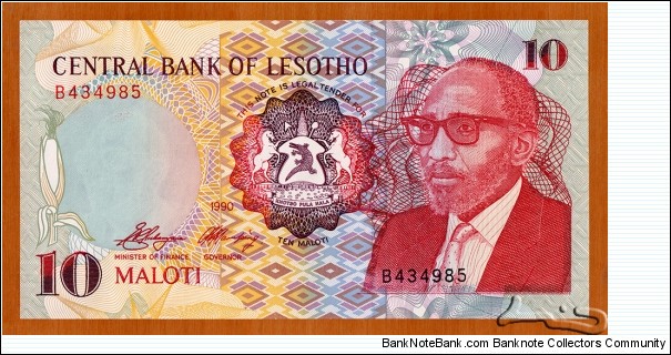 Lesotho | 10 Maloti, 1990 | Obverse: Bust of King Moshoeshoe II (1938-1996), and National Coat of Arms | Reverse: Basotho horseman in maize field | Watermark: King Moshoeshoe II | Banknote