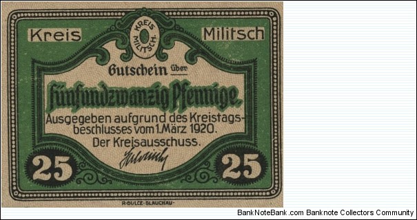 25 Pfennig Notgeld City of Militsch/Milicz Banknote
