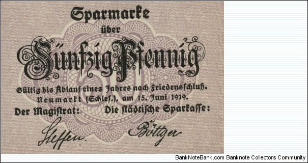 50 Pfennig Notgeld City of Neumarkt/Środa Śląska Banknote