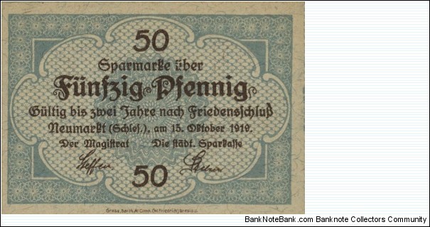 50 Pfennig Notgeld City of Neumarkt/Środa Śląska Banknote